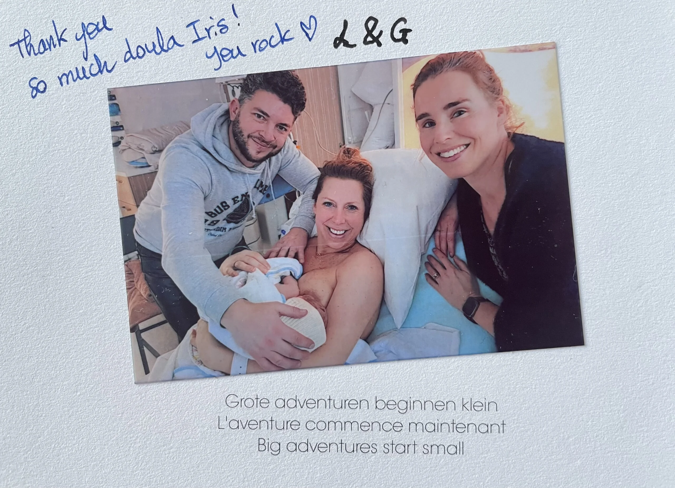 Thank-you card with a photo of a young family with their newborn and doula Iris
